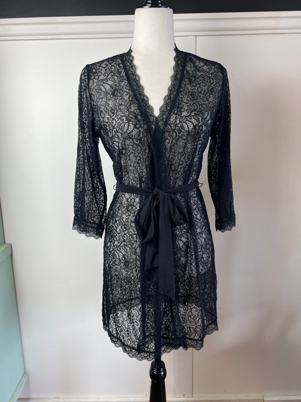 La Vie En Rose Black Sheer Lace Robe with Waist Tie